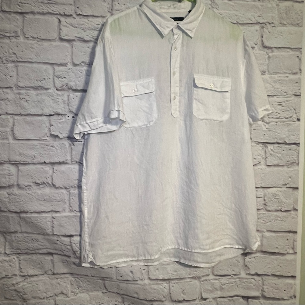 Perry Ellis white 100% linen short sleeve half button down shirt size Large